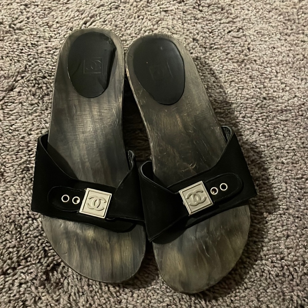 Women’s Black Chanel wood slide clog sandals used
